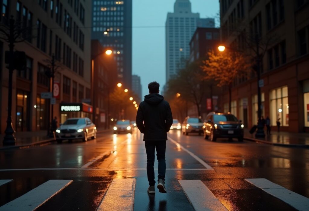 Person standing alone at a rainy city crosswalk at dusk, reflecting on how to make better decisions in life