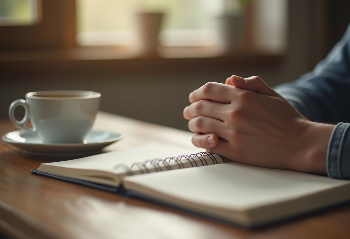 Person with clasped hands pausing over an open notebook at a wooden desk, with a coffee cup nearby