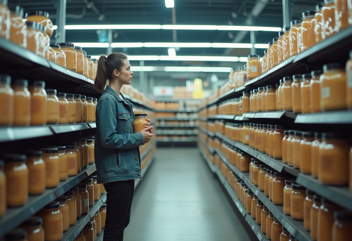 Woman holding a jar in a supermarket aisle lined with endless shelves of similar products, illustrating decision overload