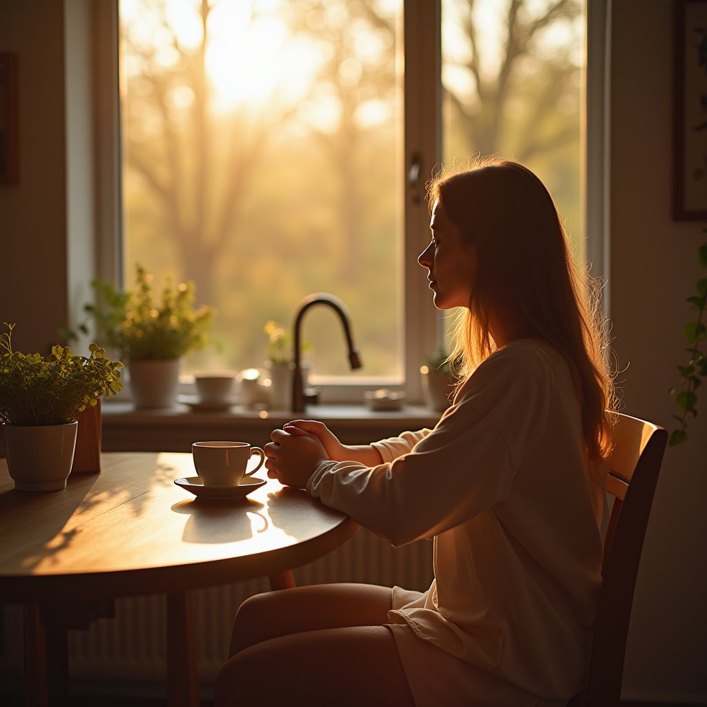 Woman sitting quietly at a kitchen table with coffee, gazing out a sunlit window in thoughtful reflection