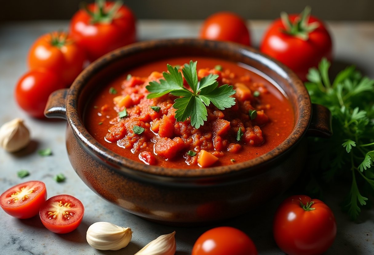 Rustic clay bowl of freshly made sofrito — how to make sofrito with tomatoes, garlic, and herbs