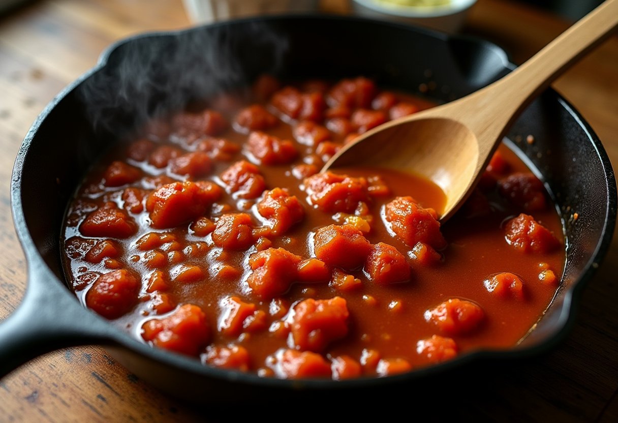 Spanish sofrito simmering in a cast-iron skillet, chunky tomatoes and onions cooked down in a rich red sauce