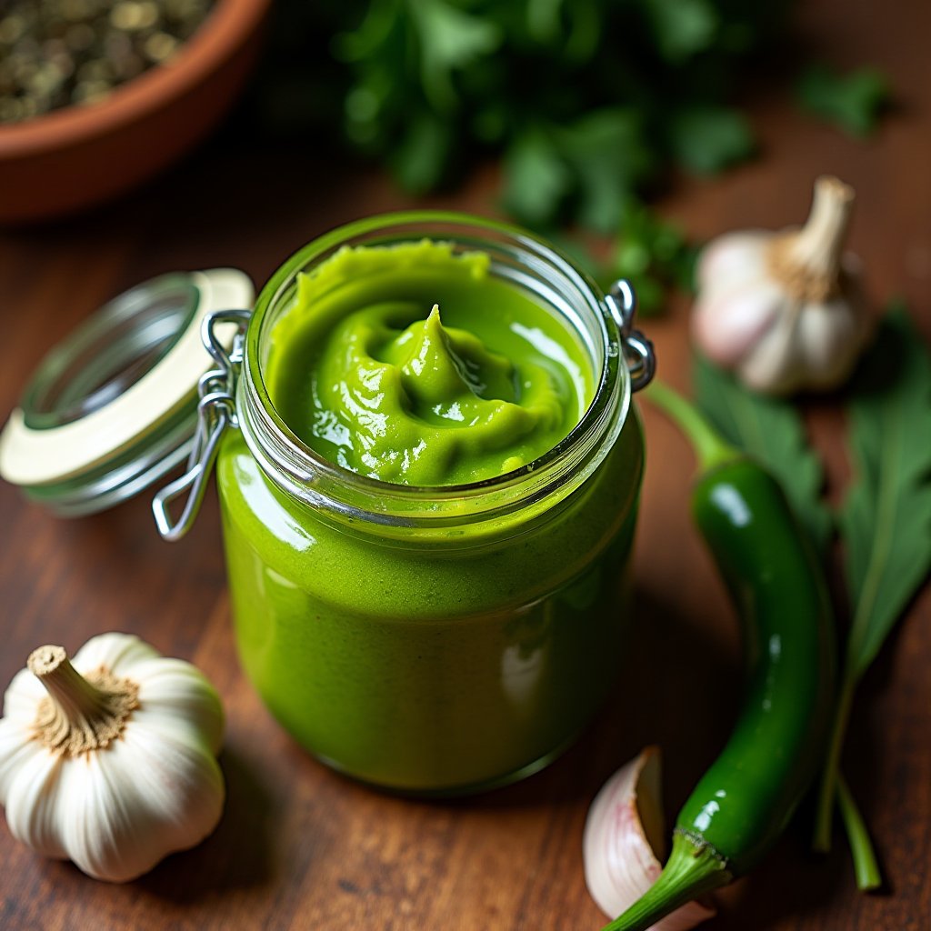 A jar of vibrant green blended Puerto Rican recaito with fresh garlic, cilantro, and ají caballero alongside