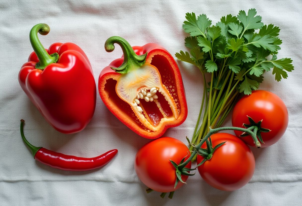 Red capsicum, chilli, vine tomatoes and flat-leaf parsley — common Australian sofrito ingredients laid on white linen