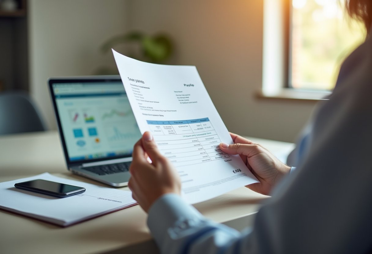 Person at a desk reviewing how to read a payslip in Australia, holding the document with a laptop displaying financial charts