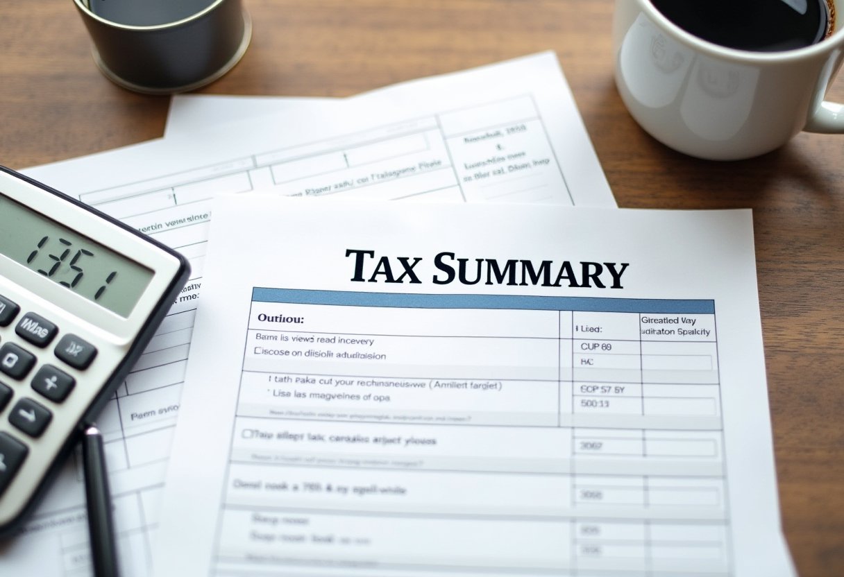 Tax summary document on a desk with a calculator and coffee mug, showing PAYG and Medicare levy deductions
