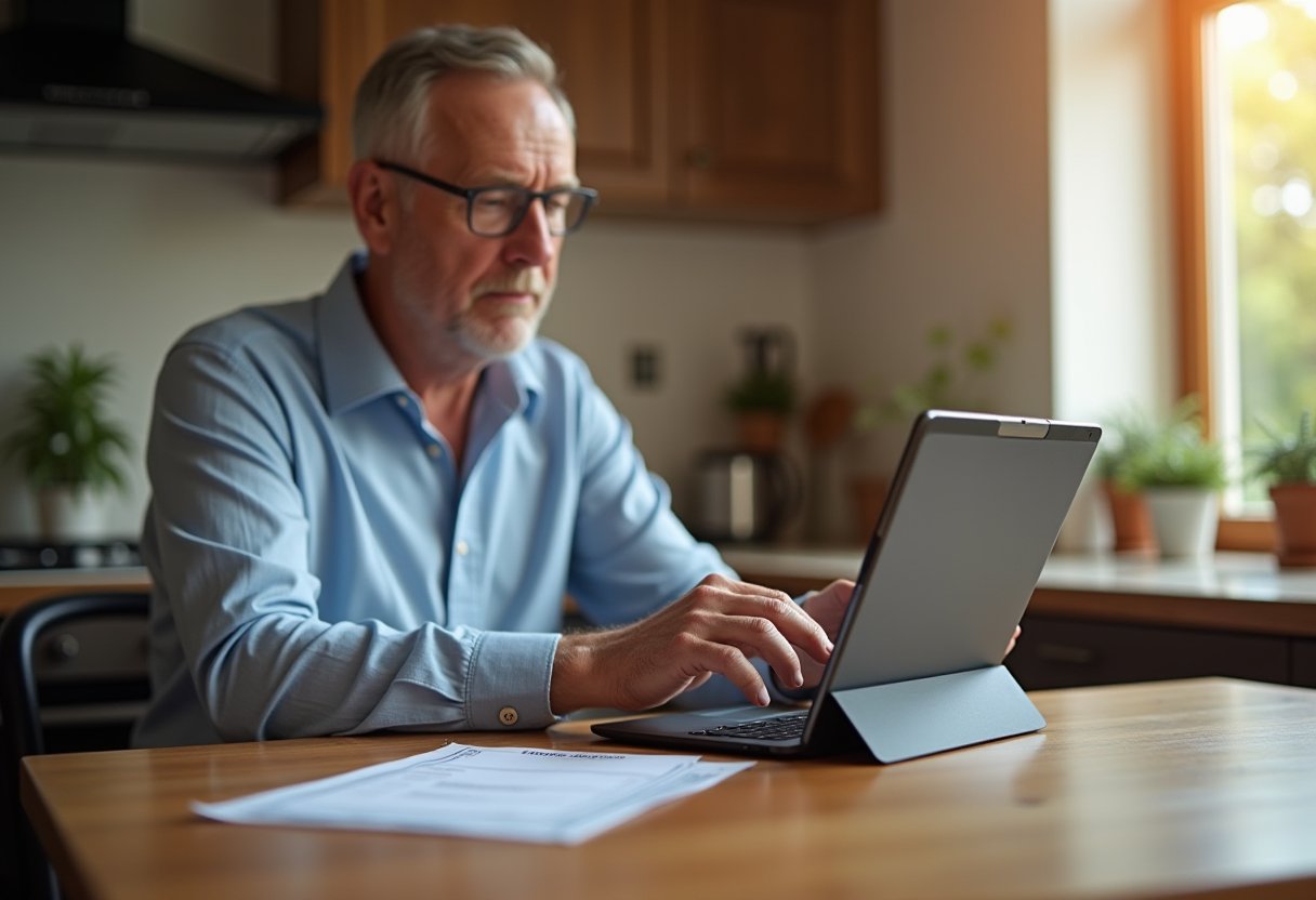 Middle-aged man reviewing superannuation documents on laptop at kitchen table, checking retirement contributions