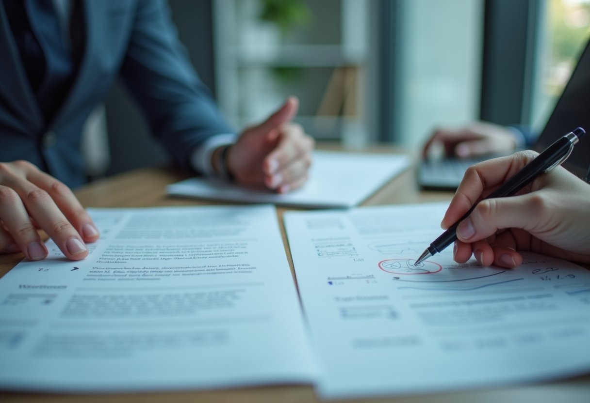 Person reviewing and annotating a payslip document with a pen, checking deductions line by line