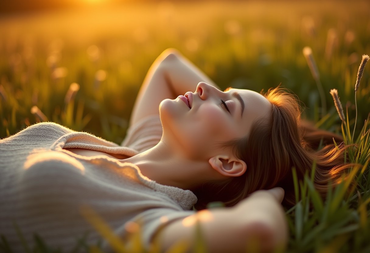 Woman lying peacefully in a sunlit meadow with eyes closed, embodying the importance of rest and recovery for wellbeing