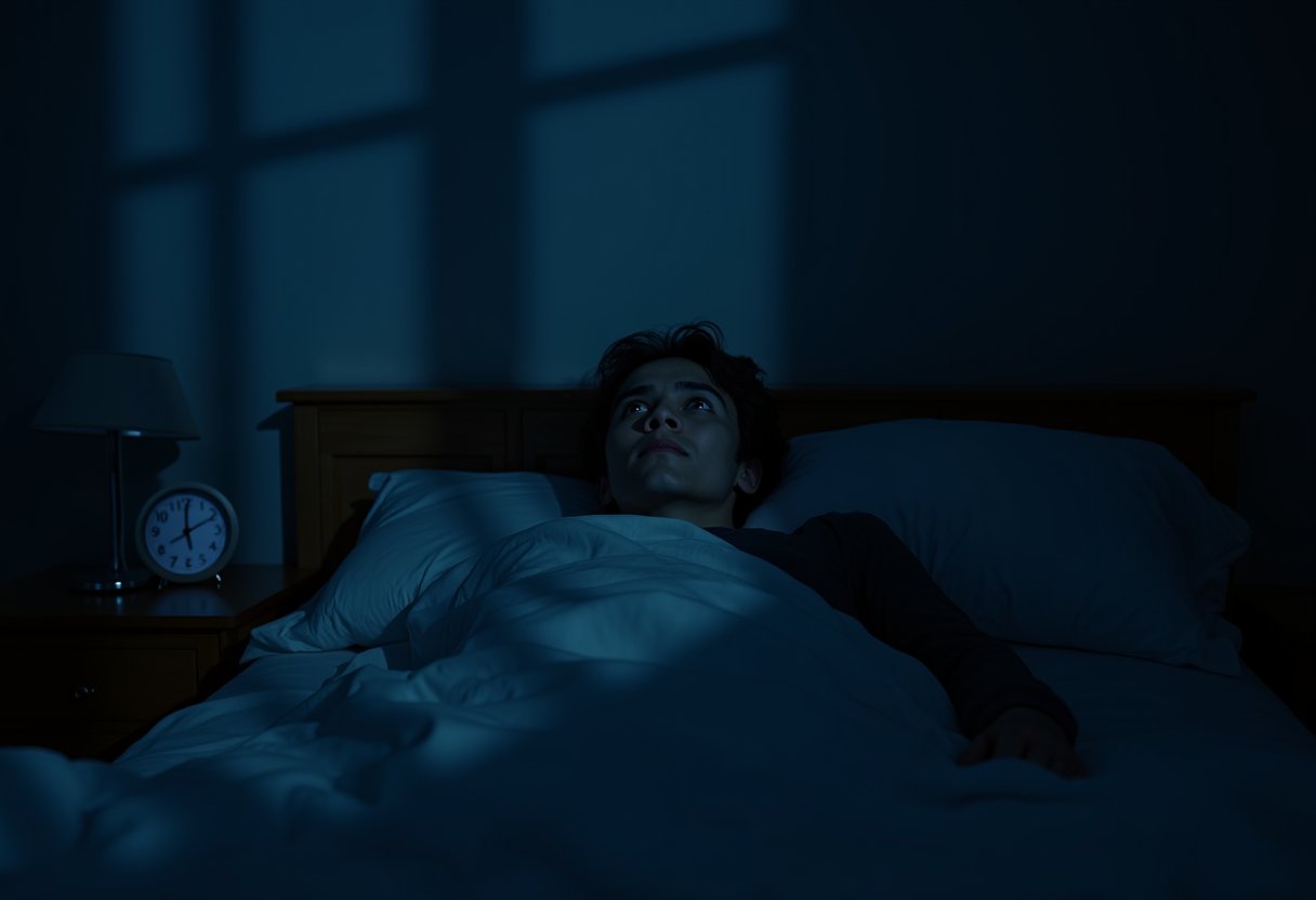 Person lying awake in bed at night, eyes open, with a bedside clock visible — illustrating what sleep science actually works to address