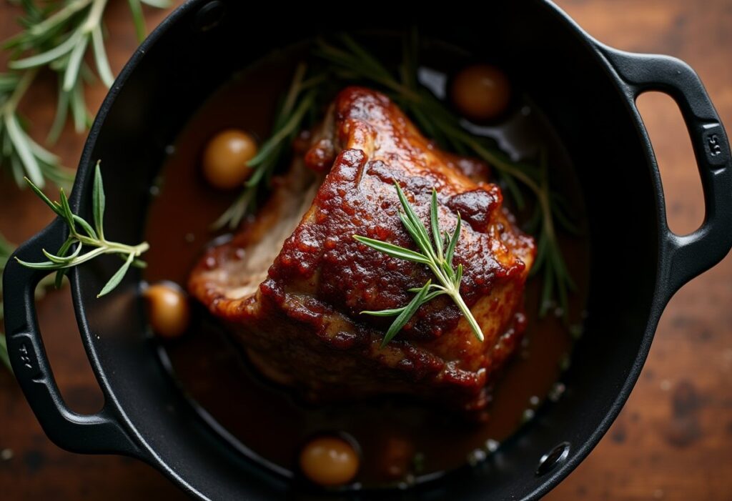 Slow cooked lamb shoulder recipe in a black cast-iron pot with rich braising liquid, rosemary, and olives