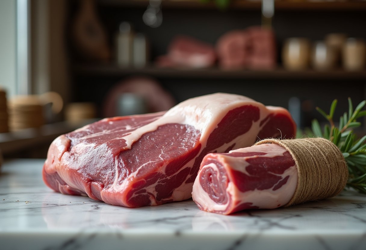 Bone-in lamb shoulder and a rolled boneless lamb shoulder on a marble counter, ready for slow cooking