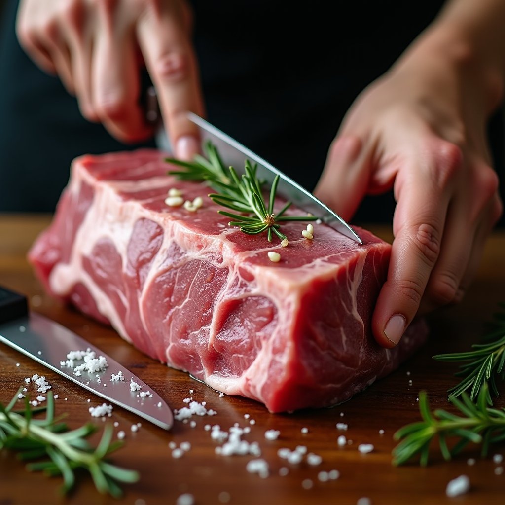 Hands scoring a raw lamb shoulder with a knife on a wooden board, surrounded by rosemary and flaked salt
