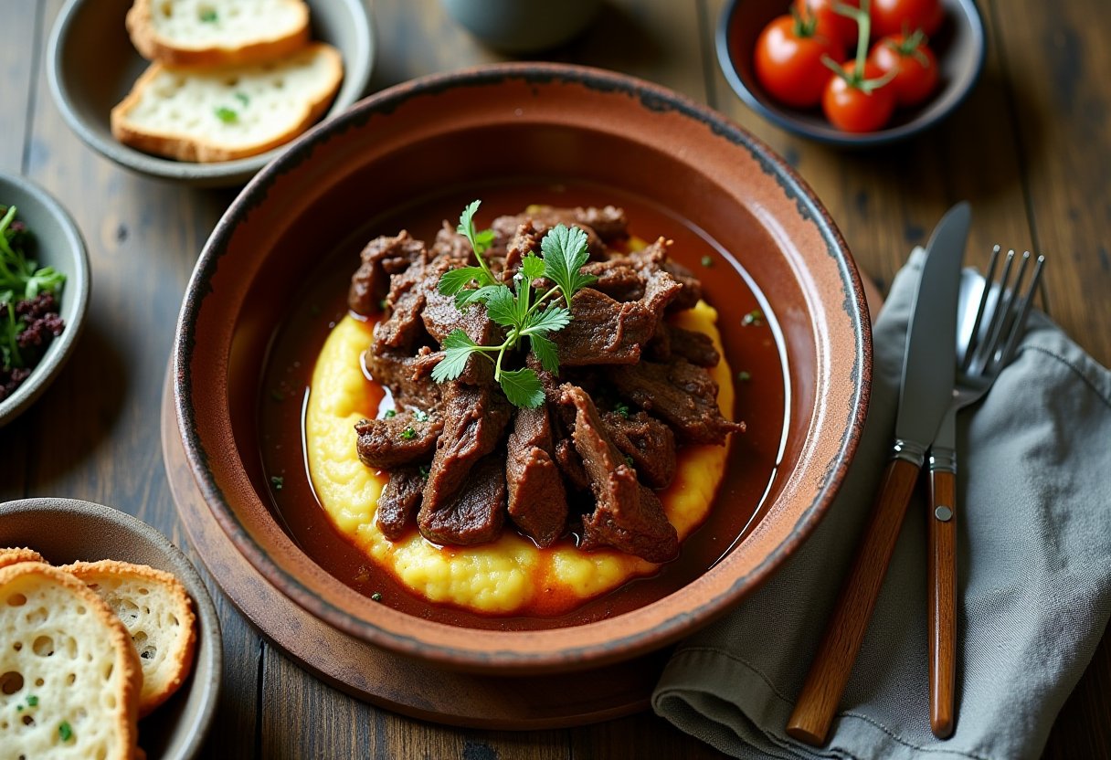 Tender braised lamb shoulder served over creamy polenta in a rustic ceramic bowl, garnished with fresh herbs