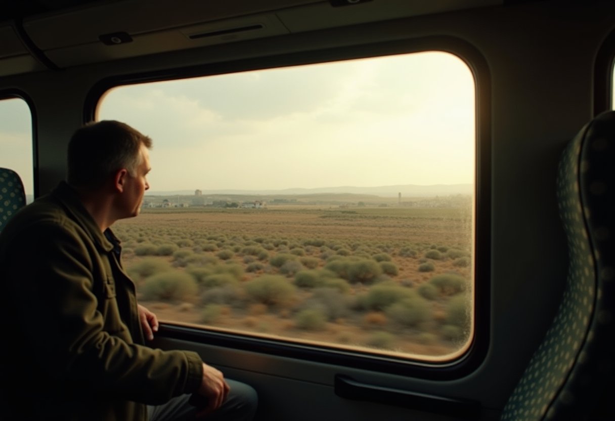 Man gazing out a bus window at a vast arid landscape during slow travel overland, watching the desert plains roll by