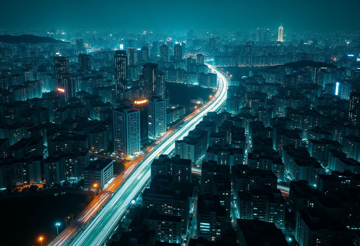 Aerial night view of South Korea digital infrastructure — a glowing highway cuts through a dense lit cityscape
