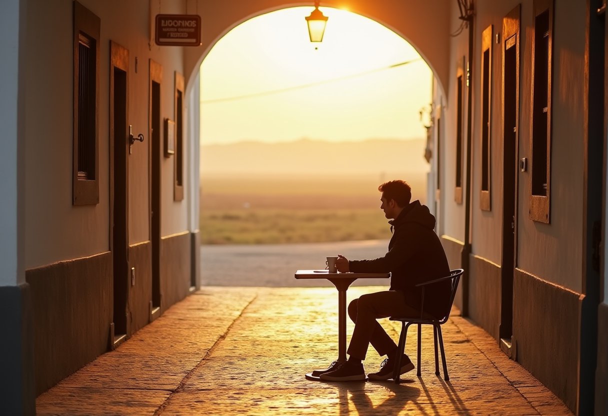 Solo traveller sitting at a small table in a sunlit archway, journalling at golden hour — the quiet reward of travelling to the same place twice