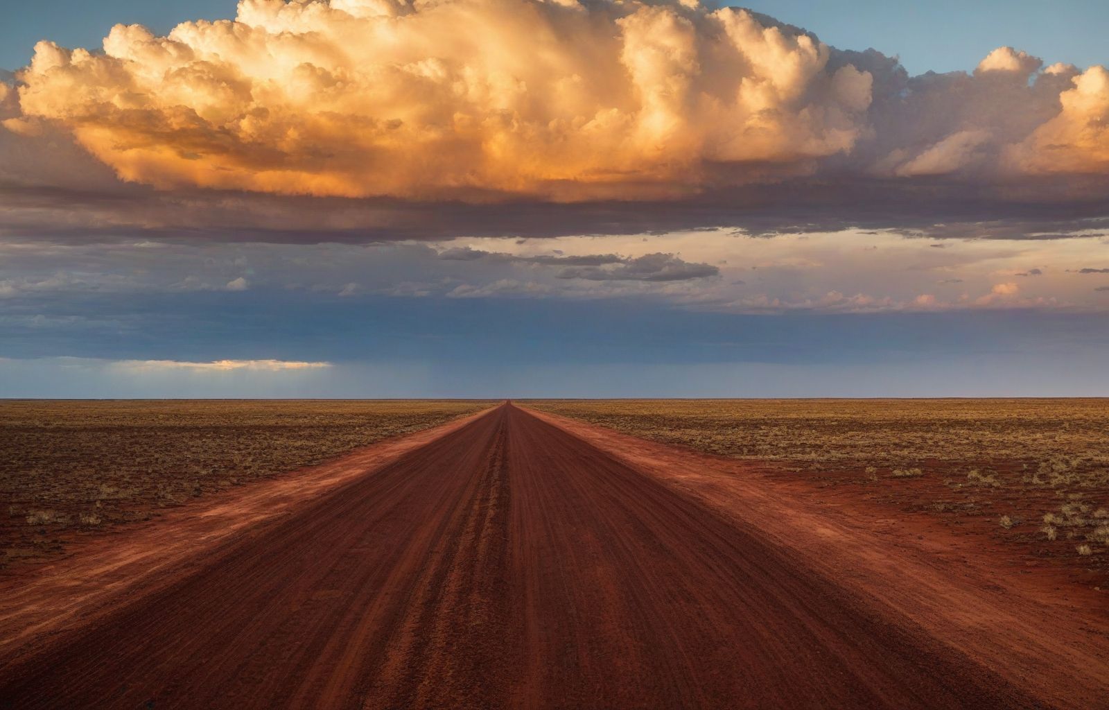 Red dirt road stretching to the horizon across the Australian outback under dramatic storm clouds at sunset