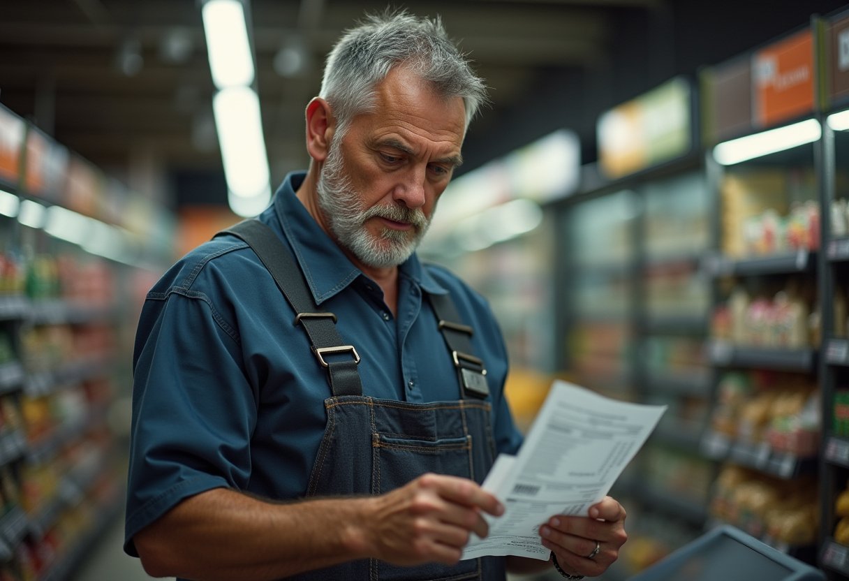 Australian worker in overalls studying a payslip in a warehouse aisle, reflecting wage stagnation Australia explained