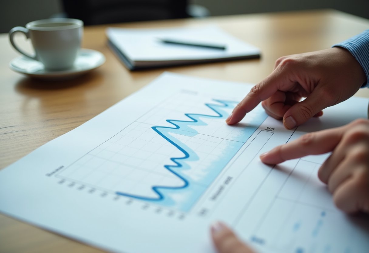 Person pointing at a jagged performance chart on paper, illustrating uneven AI capability across different tasks