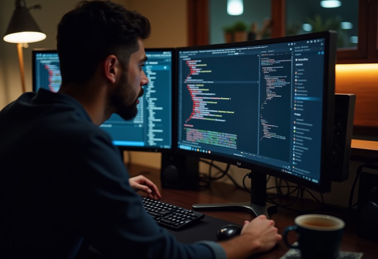 Developer reviewing colorful code on dual monitors at night, illustrating reliable AI-assisted software tasks
