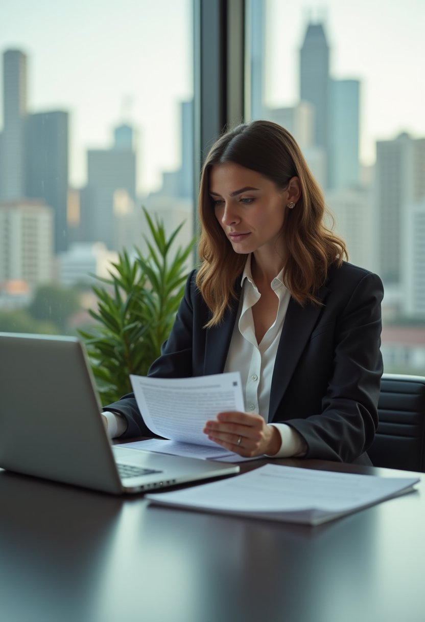 Professional woman reviewing documents at a laptop in a modern Australian city office with skyline view