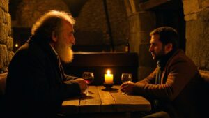 Two men share candlelit conversation at a stone tavern — the unhurried human connection that defines what slow travel is