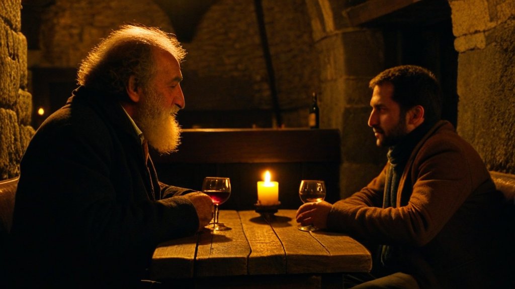 Two men share candlelit conversation at a stone tavern — the unhurried human connection that defines what slow travel is