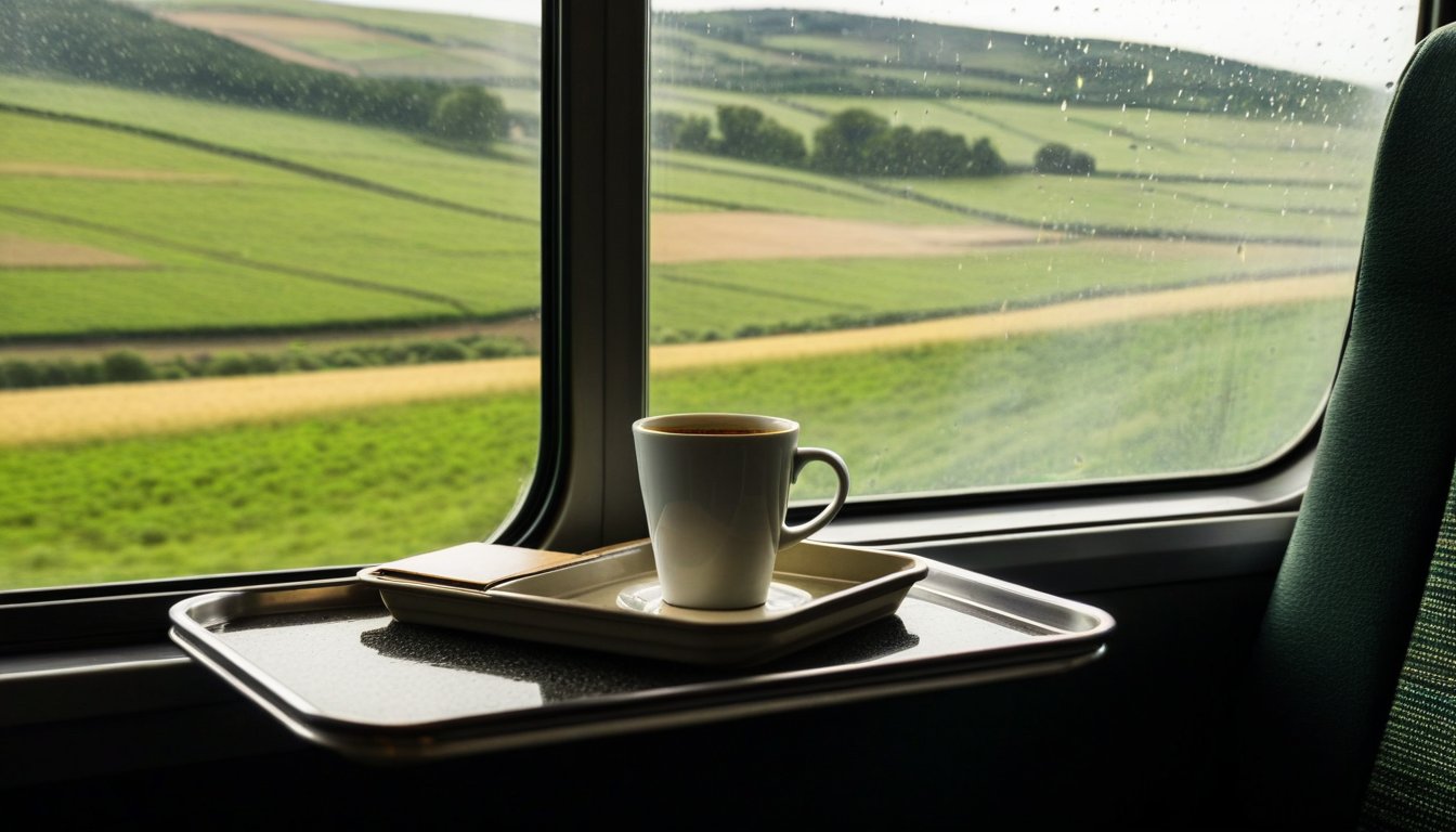 White coffee cup on a train tray table, green farmland rolling past the rain-flecked window during a rail journey