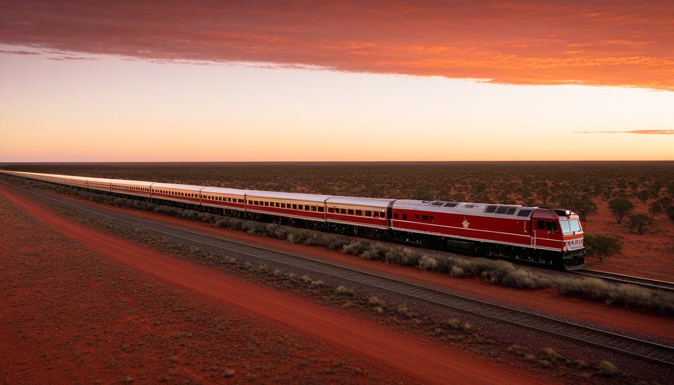 The Ghan passenger train crossing Australia's red outback desert beneath a vivid orange-pink sunset sky