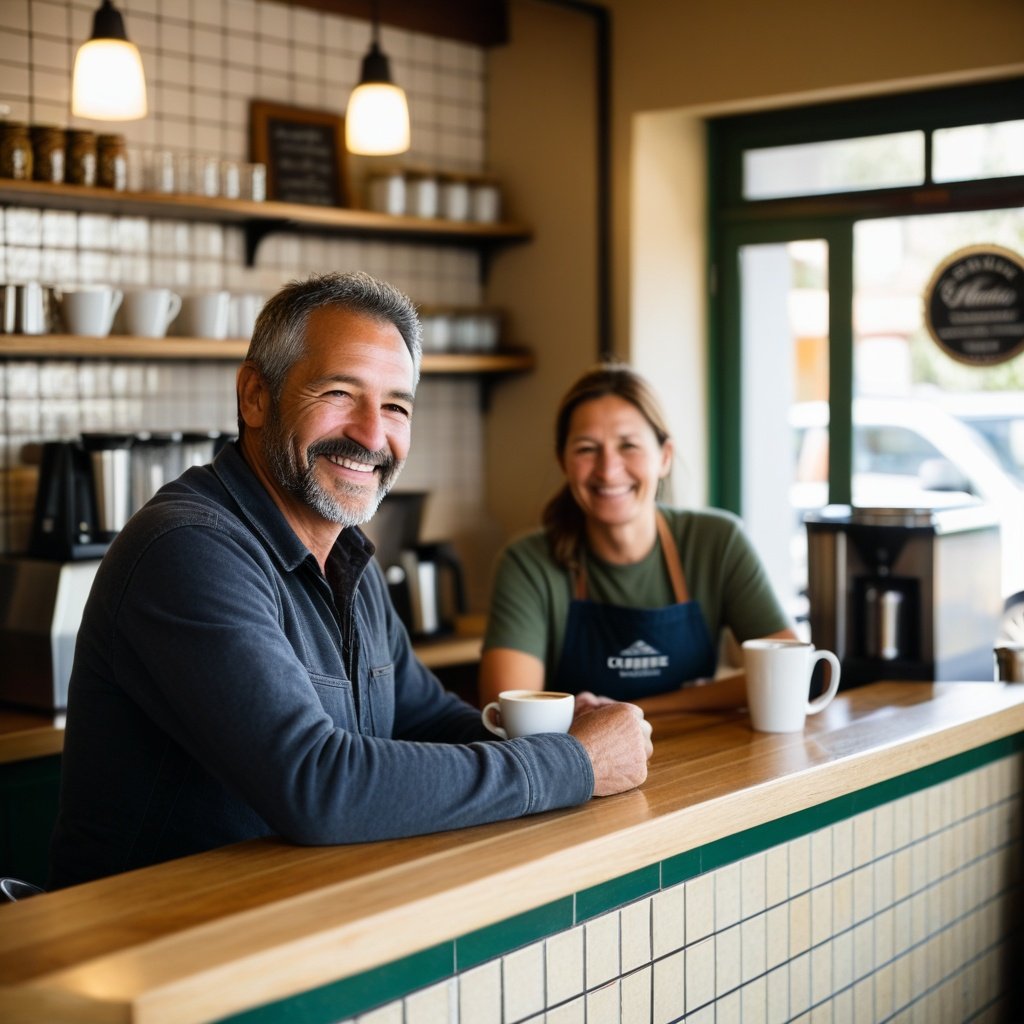 A traveller sharing a relaxed moment with a local barista at a neighbourhood café counter, coffee in hand