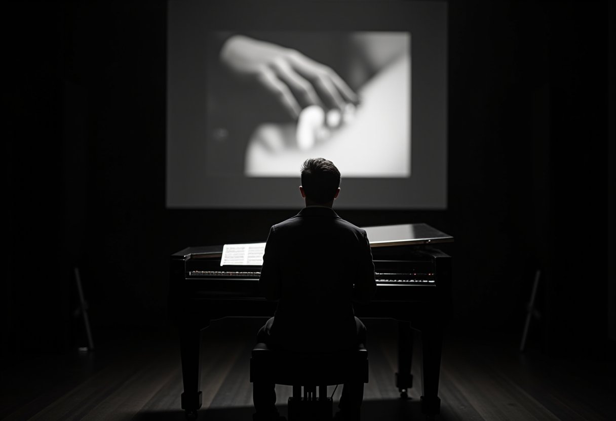 Composer at a grand piano silhouetted against a film projection — capturing what makes a good film score come alive
