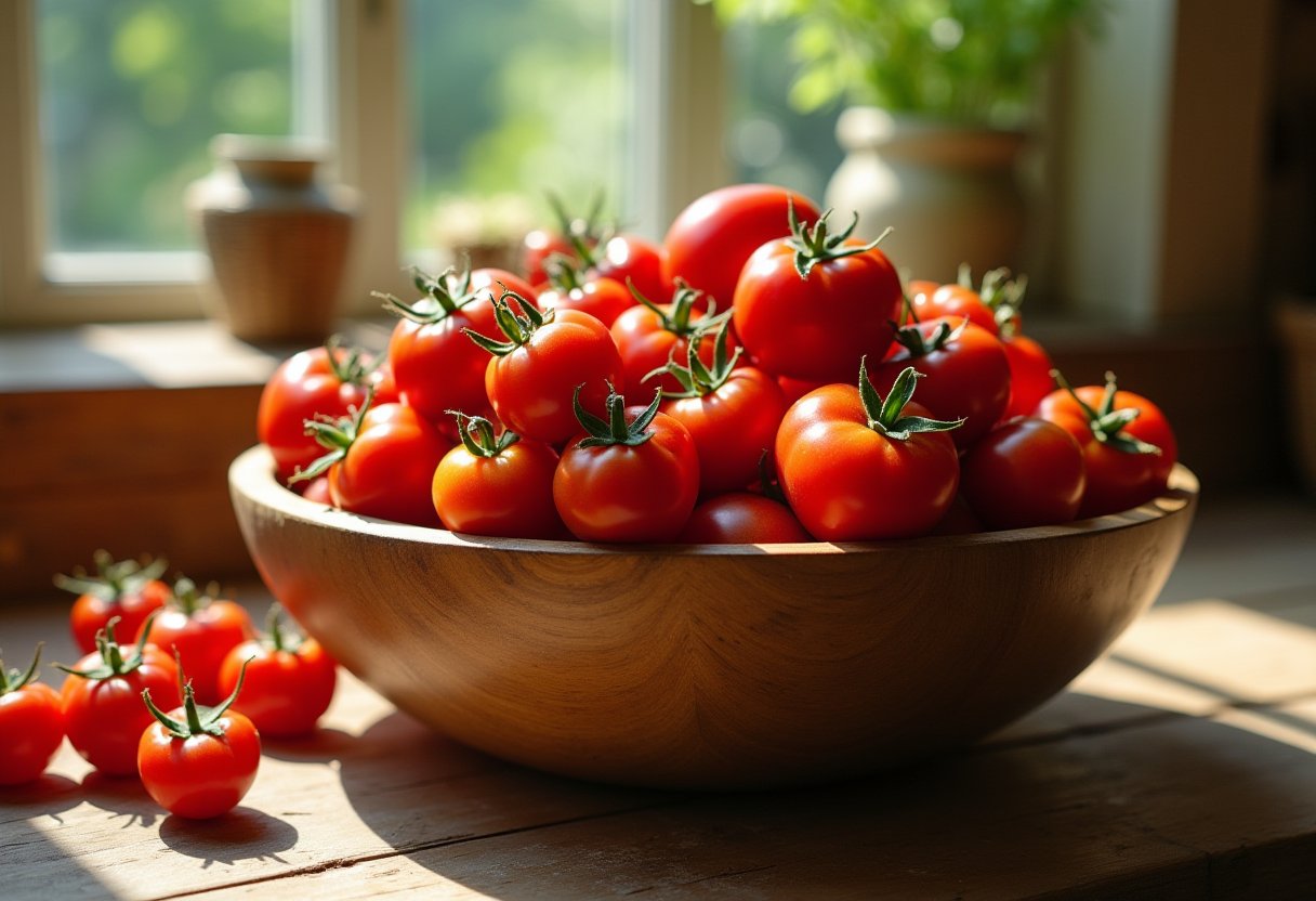 Wooden bowl overflowing with fresh red tomatoes on a sunlit kitchen table — what to do with too many tomatoes
