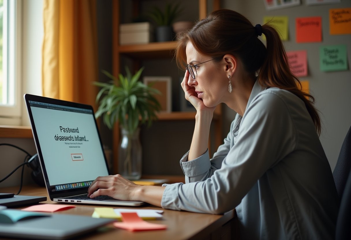 Woman staring at a password error screen on her laptop, frustrated by why cybersecurity is so hard for everyday users