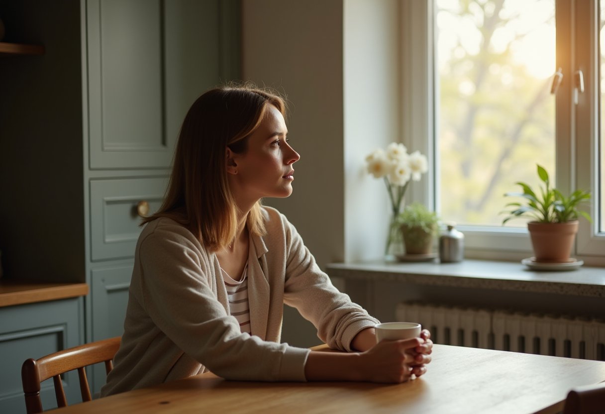 Woman sitting at kitchen table with a warm drink, gazing out window — understanding anxiety and what actually helps