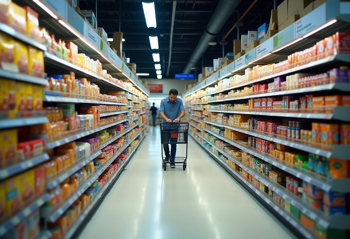 Shopper pushing a cart down a packed supermarket aisle, illustrating how the australia grocery duopoly prices squeeze consumer choice