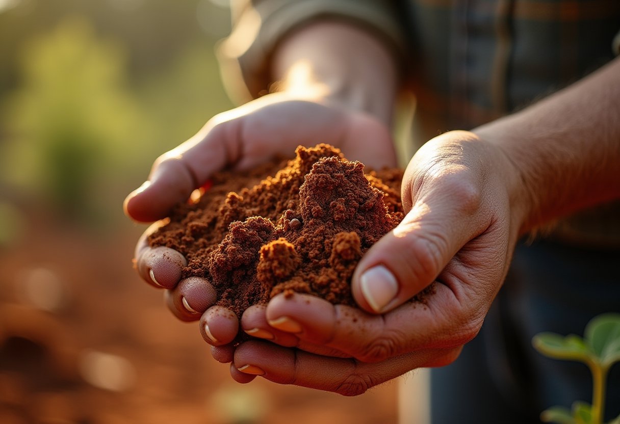 Gardener holding a handful of rich red Australian soil in cupped hands, with garden bed visible in warm sunlight behind