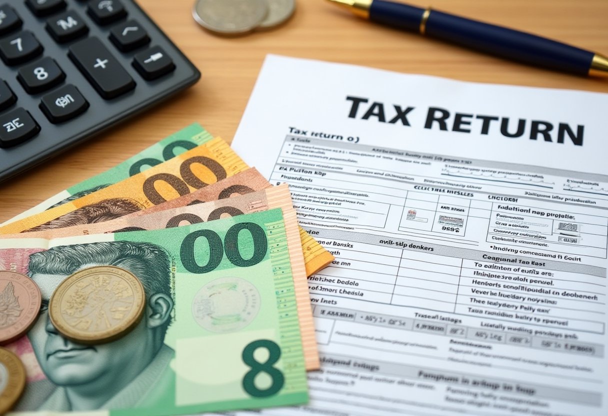 Tax return form, calculator, coins and Australian dollar banknotes on a desk, illustrating the Australian tax system explained