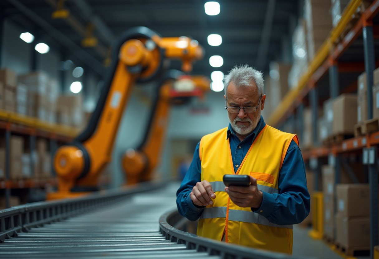 Warehouse worker in hi-vis vest uses a handheld scanner beside an orange industrial robot arm, illustrating automation impact on jobs
