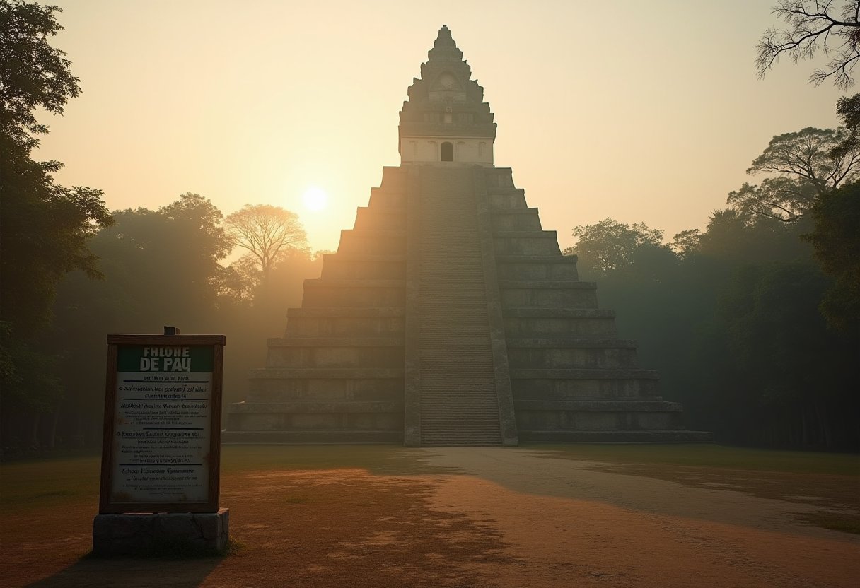 Stepped Mayan pyramid at sunrise in Central America, misty jungle travel beyond the usual highlights