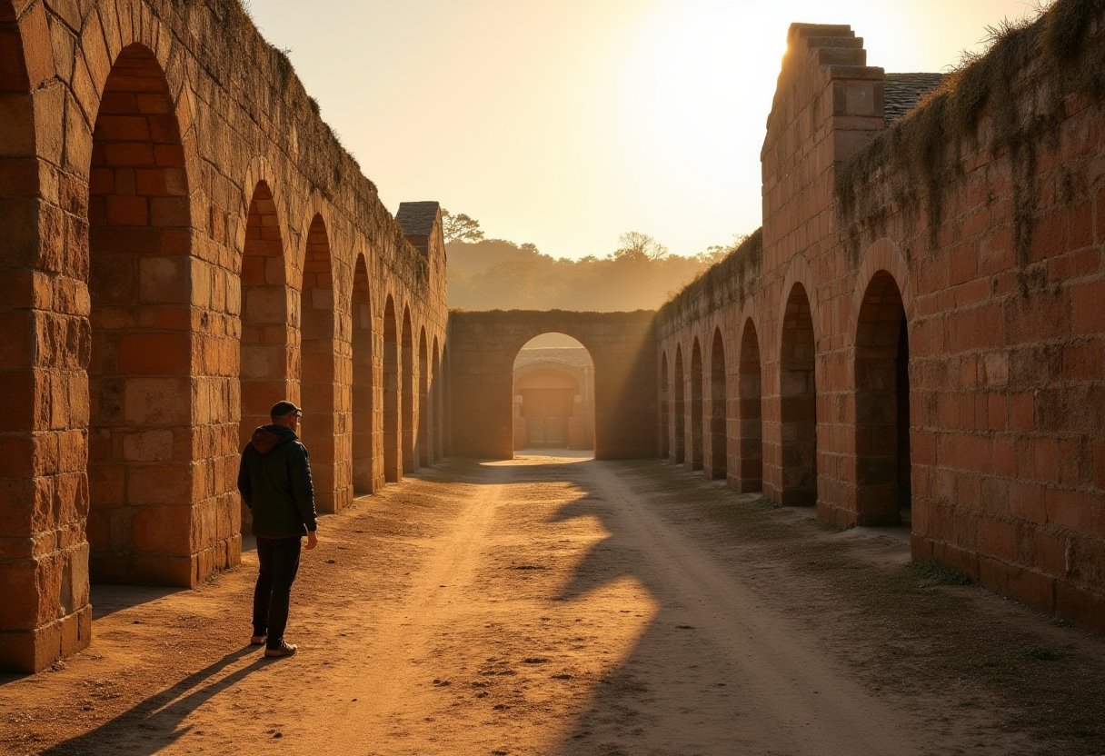 Solo traveler pauses alone between rows of sunlit stone arches at a remote ruin, weighing one of many challenging travel destinations