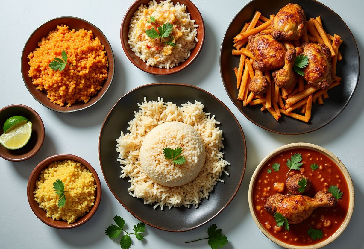 Overhead spread of chicken rice dishes worldwide: jollof rice, roasted chicken thighs, tomato stew, and orange couscous bowls
