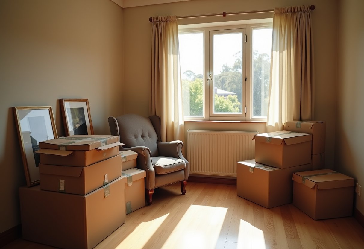 Sunlit room mid-way through clearing a deceased estate: stacked cardboard boxes, framed pictures and an armchair by a window