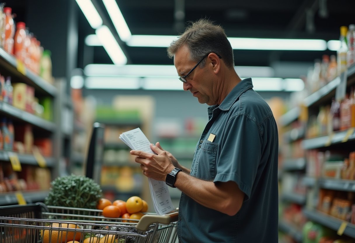 Man reviewing a long grocery receipt beside a full trolley, reflecting Australia's cost of living crisis in supermarket aisles