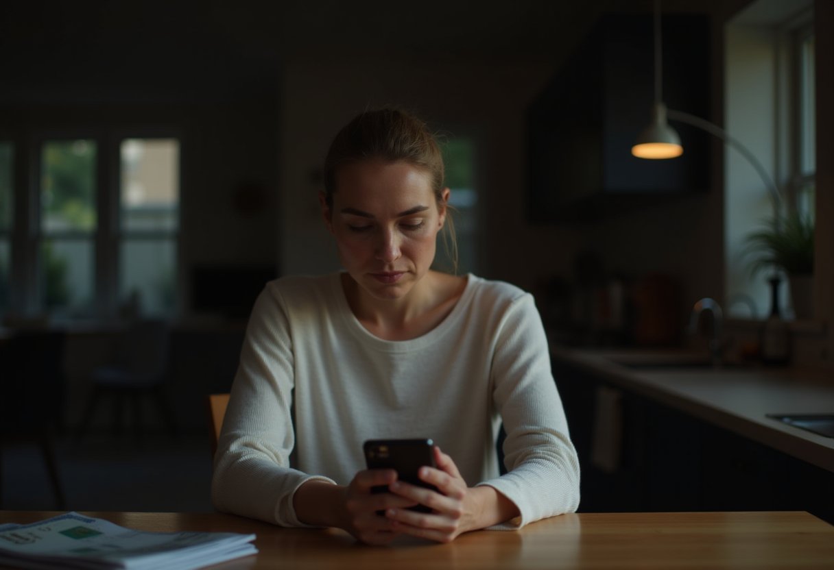 Woman at kitchen table checking bank balance on phone, worried about bills — starting an emergency fund in Australia