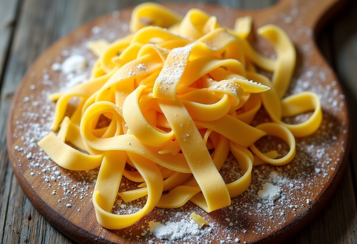 Wide hand-cut tagliatelle ribbons dusted with flour on a wooden board, showing a fresh pasta recipe made without a machine.