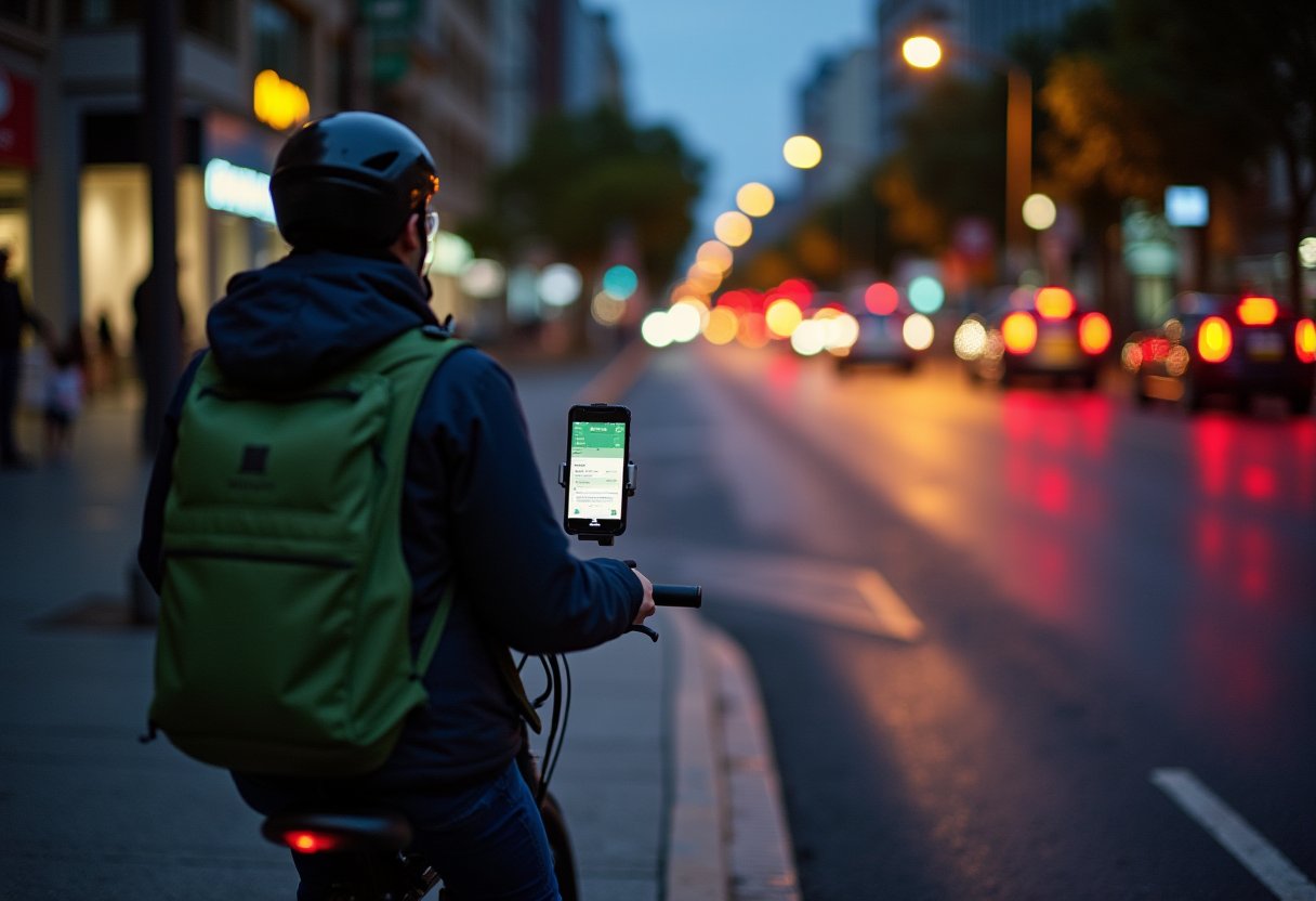 Gig economy delivery rider on bicycle checks app on busy Australian city street at dusk with traffic lights blurring behind
