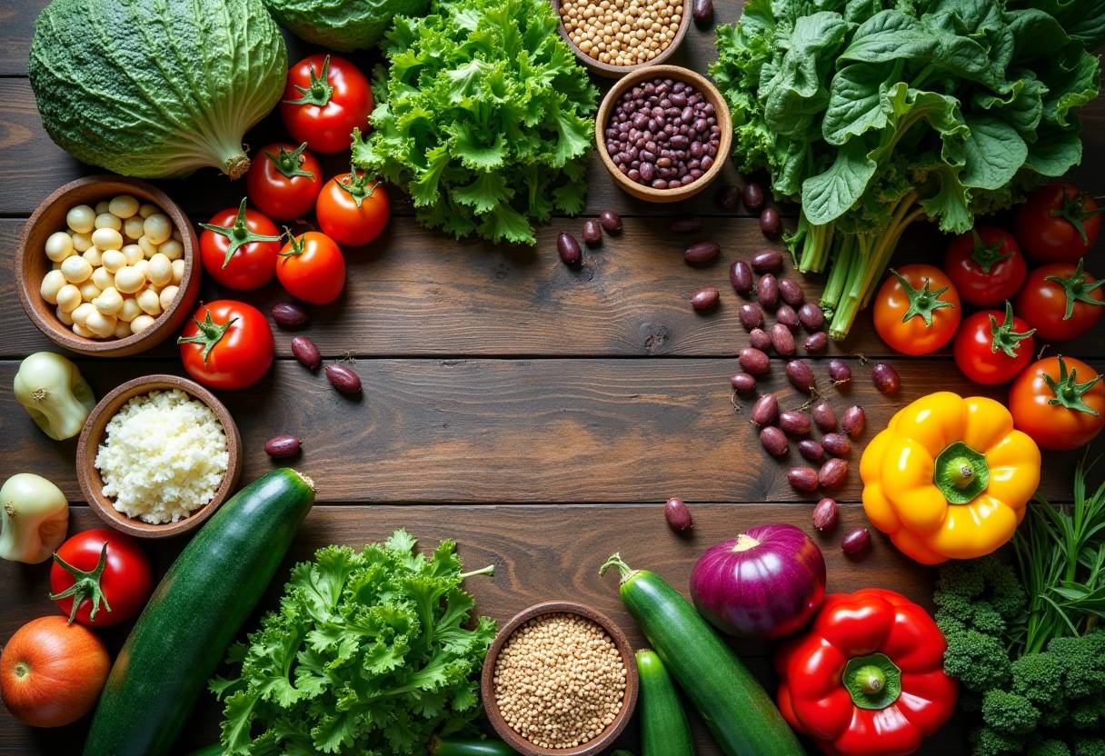 Fiber-rich vegetables, legumes, and grains framing a wood table, foods linked to gut microbiome health evidence