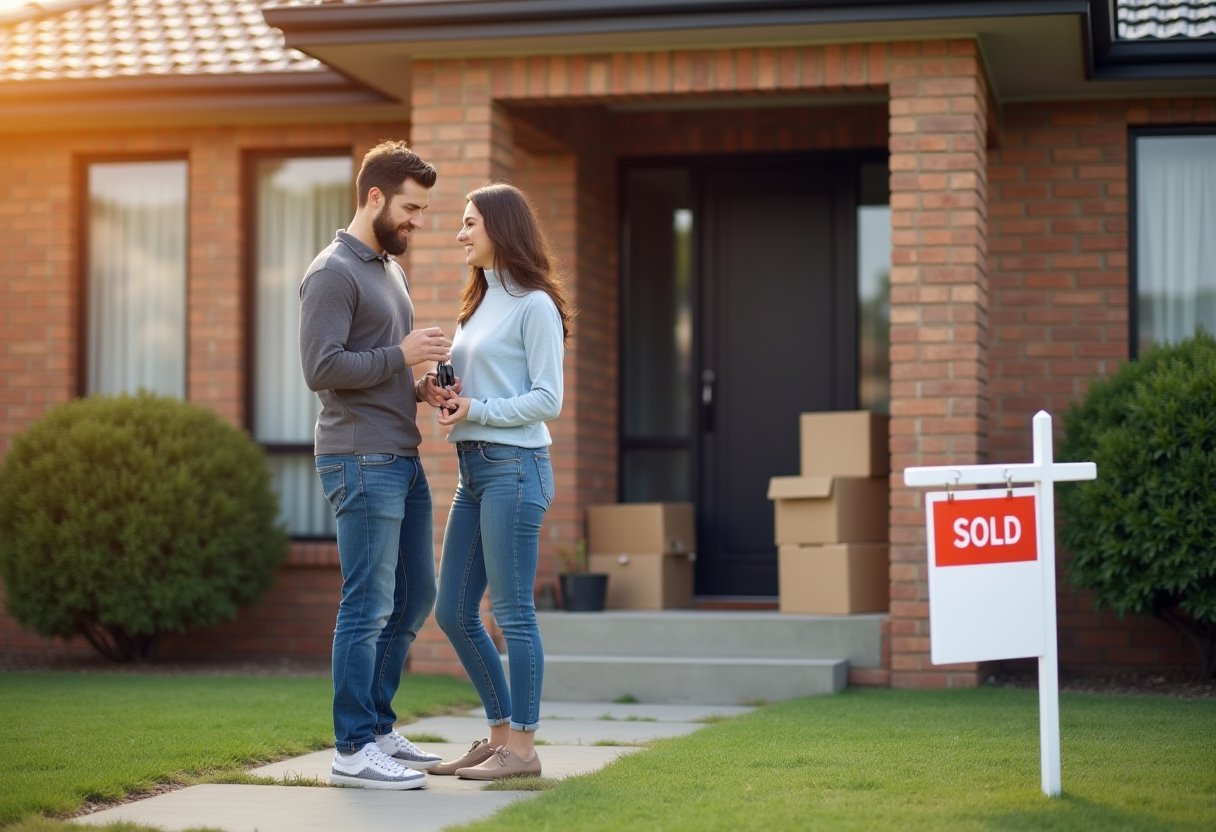 Couple holding house keys outside a brick home with a SOLD sign, weighing the hidden costs of buying a home in Australia