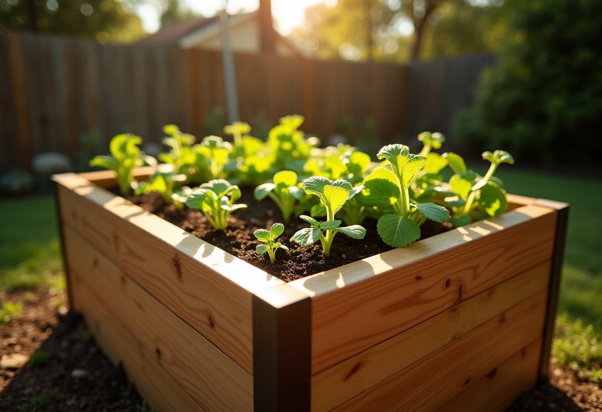 Cedar raised garden bed with metal corner brackets in a backyard, filled with soil and young leafy seedlings